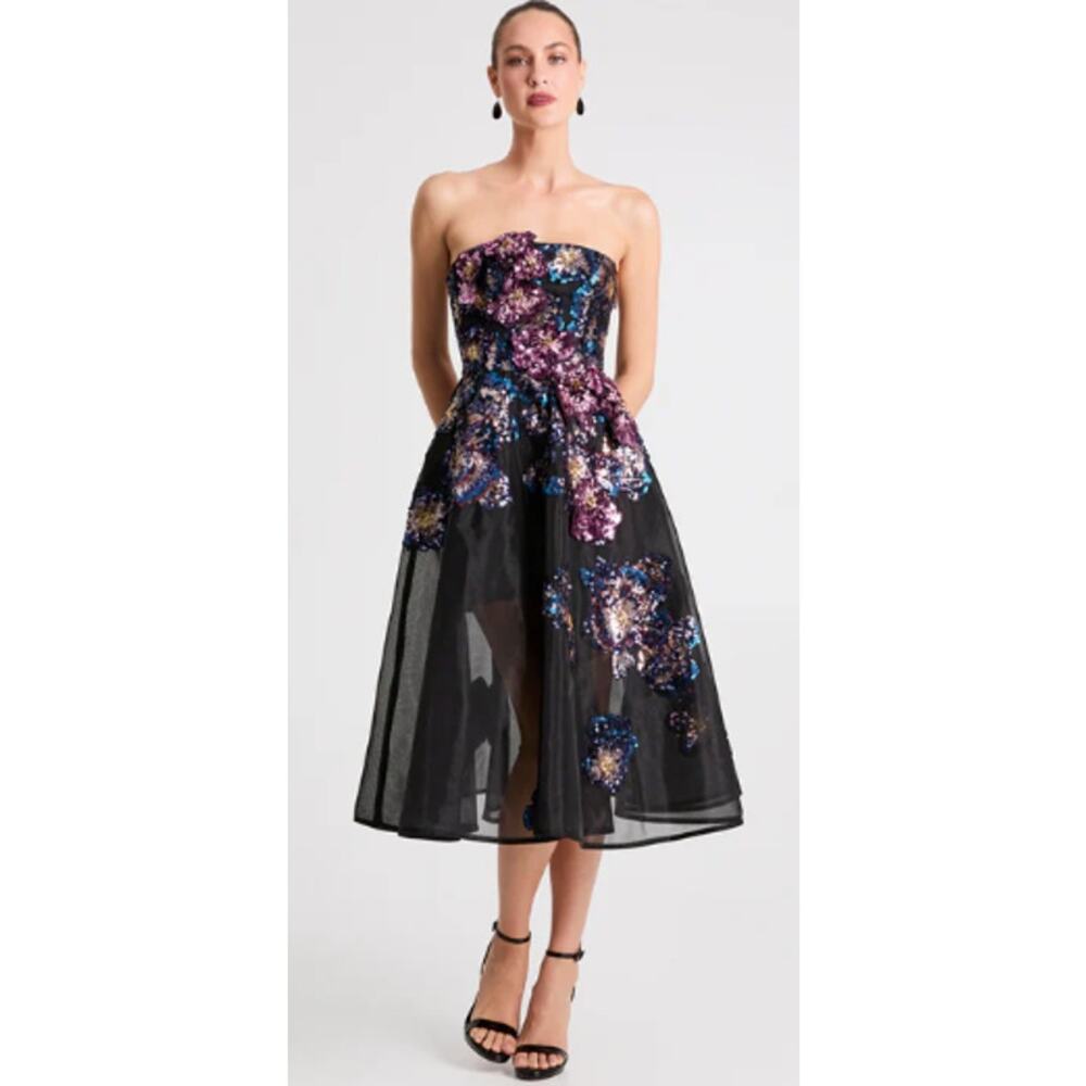 Helsi Valeria 3D Floral Strapless Midi Dress Black Wedding Guest Sz Medium NWT